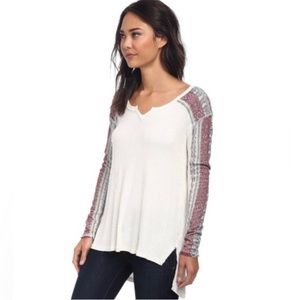 Free People Drippy Thermal Mixed Tape Raw Edge Striped Thermal Sweater Top